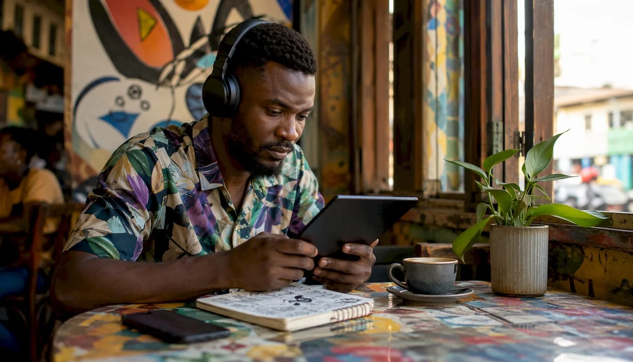 Nigerian man reading Nigerian news at home desk