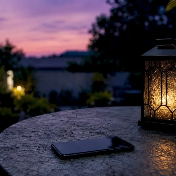 Smartphone on table with coffee and earbuds