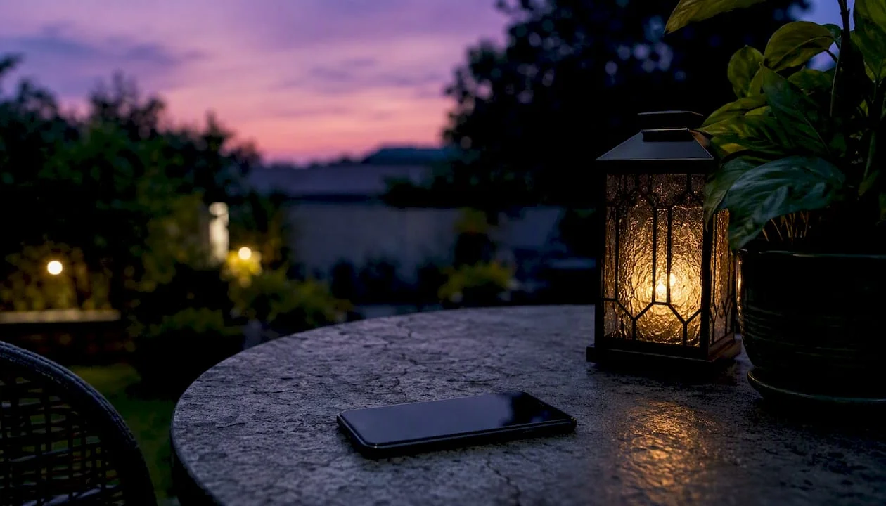 Smartphone on table with coffee and earbuds