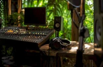 Music studio with mixing console and headphones