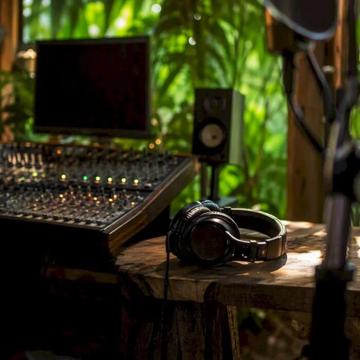 Music studio with mixing console and headphones