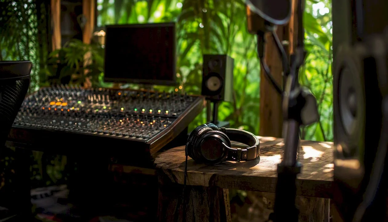 Music studio with mixing console and headphones
