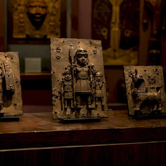 Intricate Benin Bronze brass plaque detail