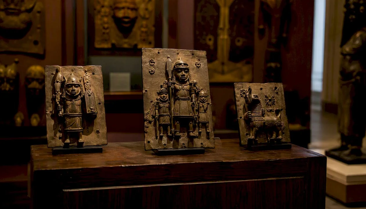 Intricate Benin Bronze brass plaque detail