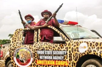 Members of a security outfit codenamed Operation Amotekun (Leopard), which is based in all the six states of the South- Western Nigeria, during the launch in Ondo State recently (File Photo)
