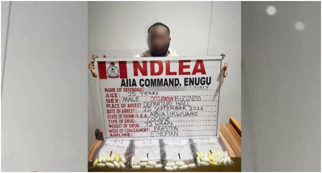 NDLEA nabs 25-year-old newlywed with 72 cocaine wraps at Enugu airport