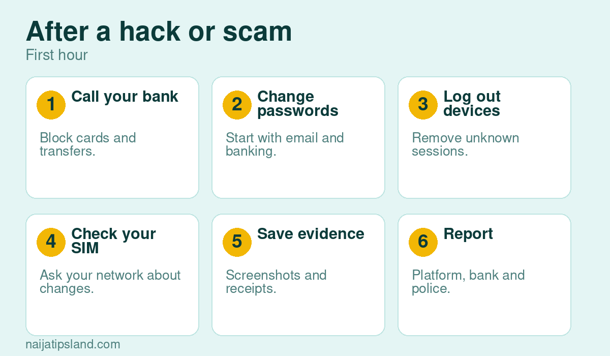 After a hack or scam: Call your bank, Change passwords, Log out devices, Check your SIM, Save evidence, Report