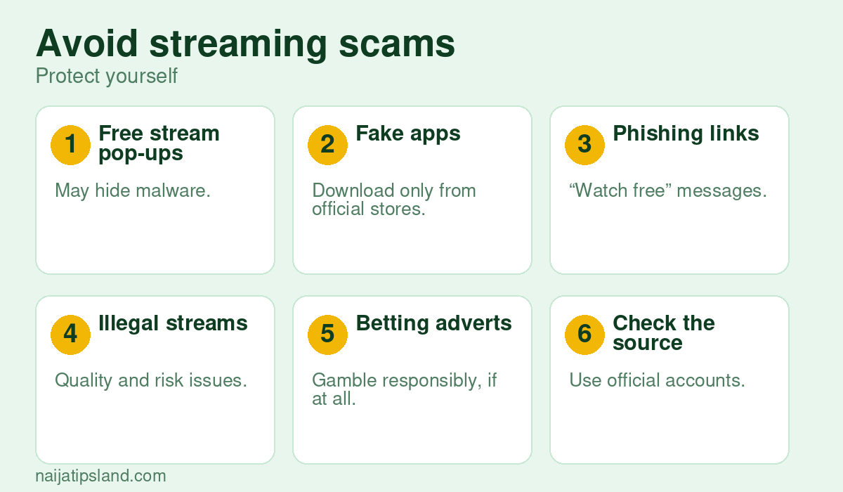 Avoid streaming scams: Free stream pop-ups, Fake apps, Phishing links, Illegal streams, Betting adverts, Check the source