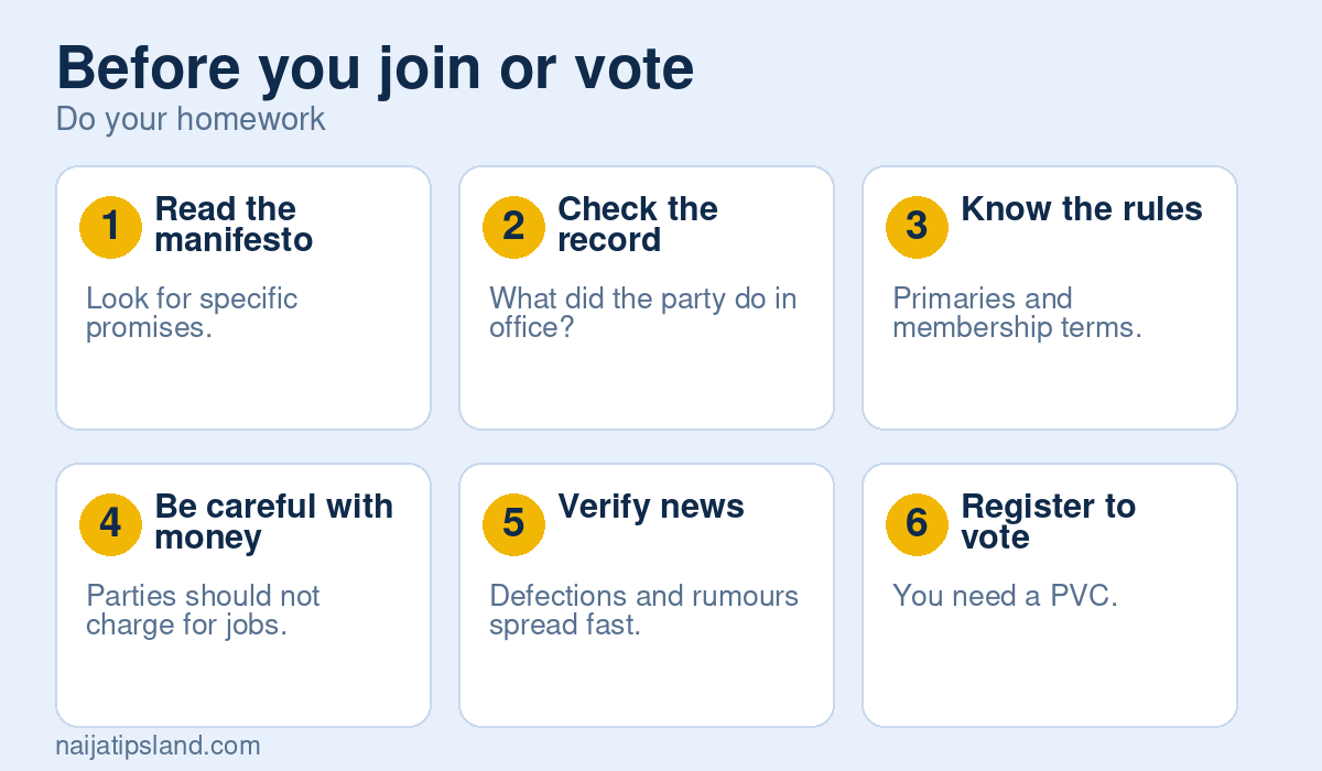 Before you join or vote: Read the manifesto, Check the record, Know the rules, Be careful with money, Verify news, Register to vote