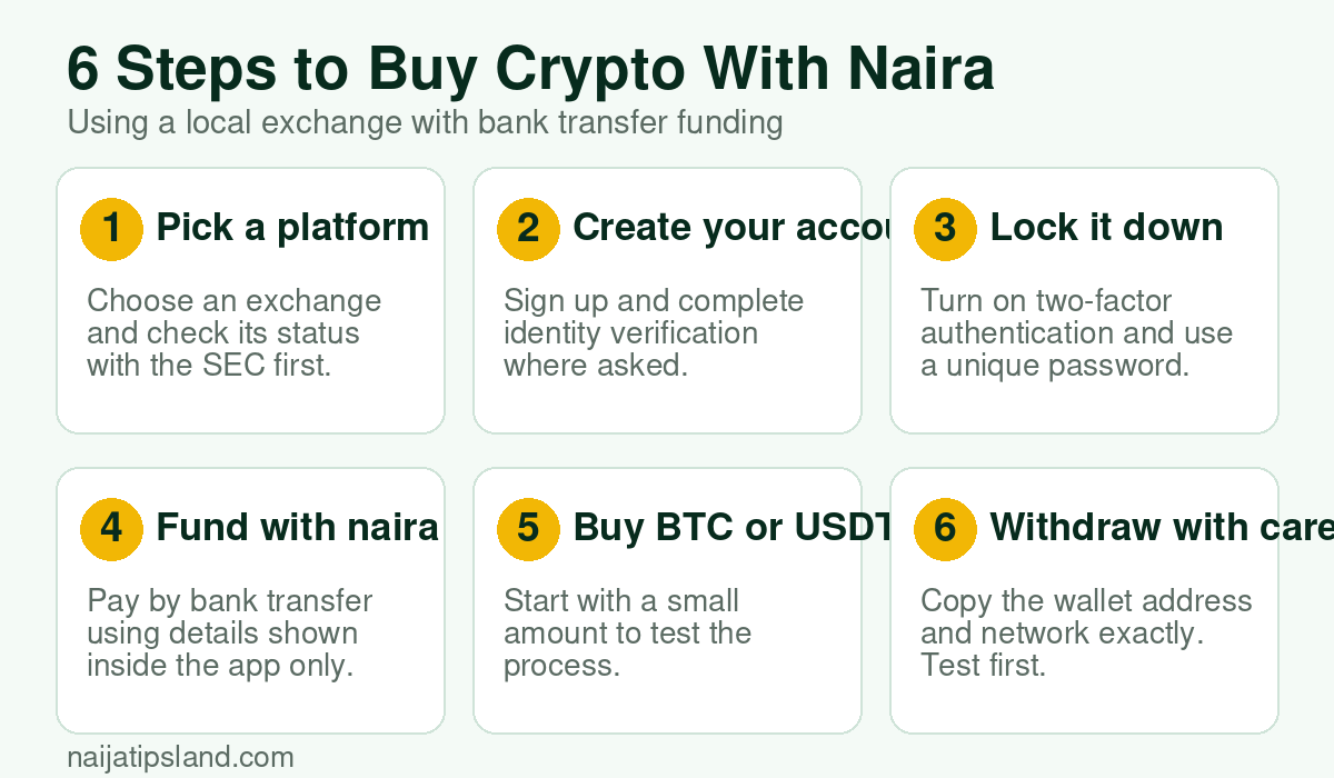Six step graphic showing how to buy Bitcoin or USDT with naira on a local exchange