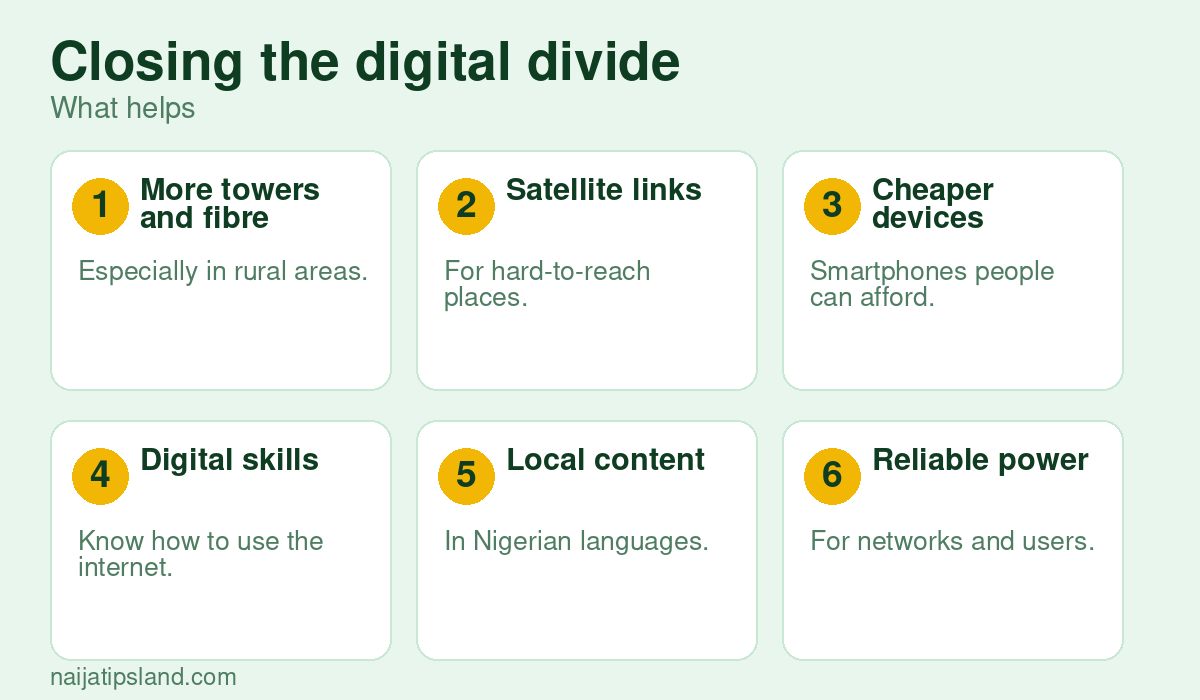 Closing the digital divide: More towers and fibre, Satellite links, Cheaper devices, Digital skills, Local content, Reliable power