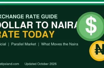 Banner graphic for a guide to the dollar to naira exchange rate showing a dollar coin and a naira coin
