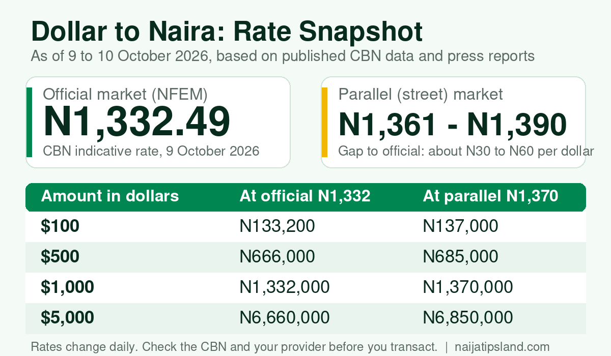 Rate snapshot showing the official NFEM dollar to naira rate near N1,332 and the parallel market range of N1,361 to N1,390 with a conversion table