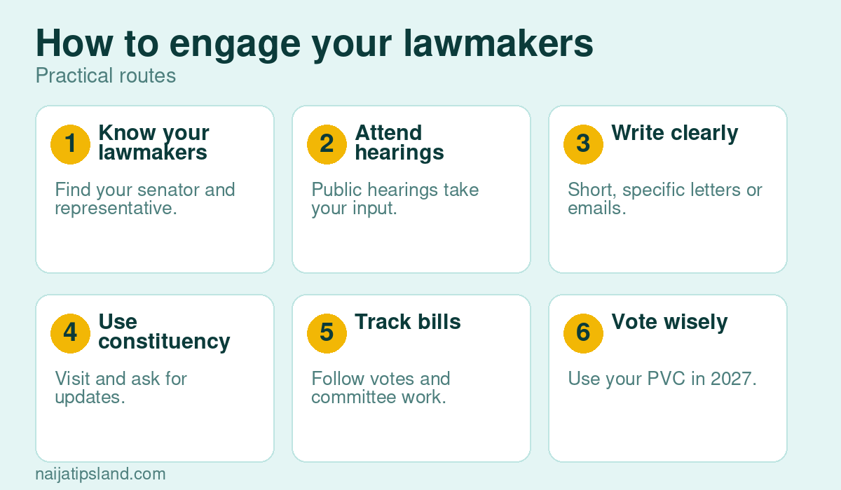 How to engage your lawmakers: Know your lawmakers, Attend hearings, Write clearly, Use constituency offices, Track bills, Vote wisely