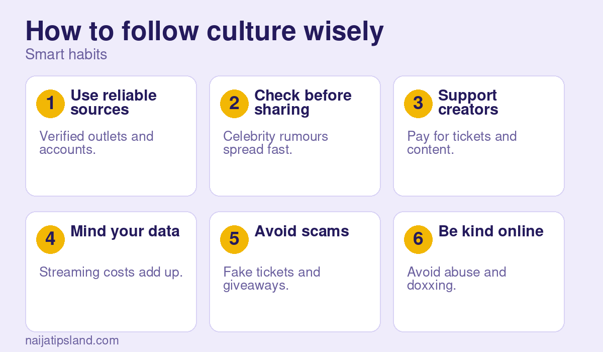 How to follow culture wisely: Use reliable sources, Check before sharing, Support creators, Mind your data, Avoid scams, Be kind online