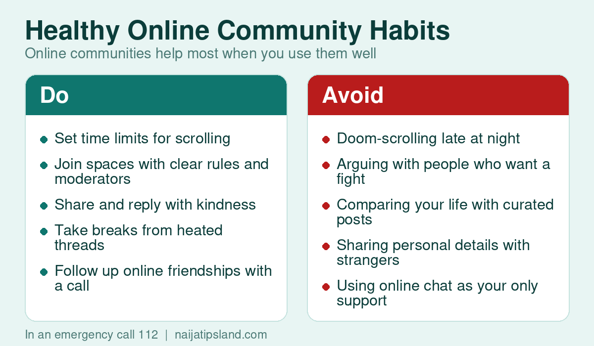 Community Engagement and Mental Health: What the Evidence Says 4 Do and avoid lists for healthy online community habits such as setting time limits, joining moderated spaces, avoiding doom-scrolling and not using chat as your only support