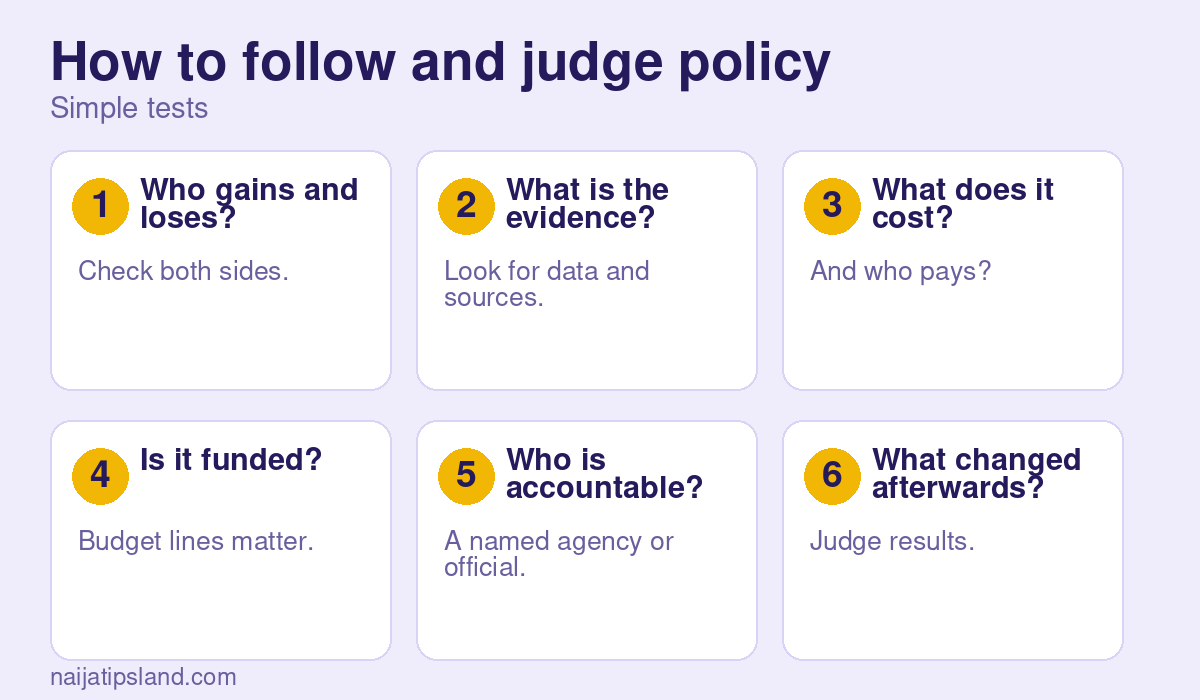 How to follow and judge policy: Who gains and loses?, What is the evidence?, What does it cost?, Is it funded?, Who is accountable?, What changed afterwards?