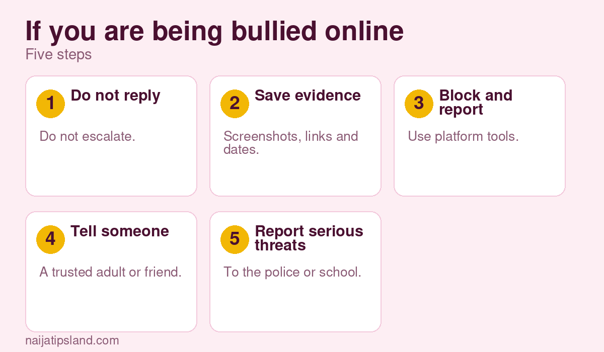 Cyberbullying in Nigeria: A Guide for Young People, Parents and Schools (2026) 3 If you are being bullied online: Do not reply Do not escalate., Save evidence Screenshots, links and dates., Block and report Use platform tools., Tell someone A trusted adult or friend., Report serious threats To the police or school.