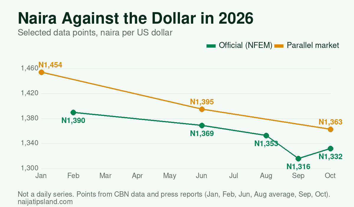 Line chart of selected naira per dollar data points in 2026 showing the official rate easing from about N1,390 in February to N1,316 in September and N1,332 in October, and the parallel rate falling from N1,454 in January to N1,363 in October