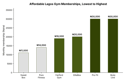 Best Affordable Gyms and Fitness Routines in Nigeria 3 Chart comparing affordable Lagos gym membership prices from Sweet Box to Body Line Gym