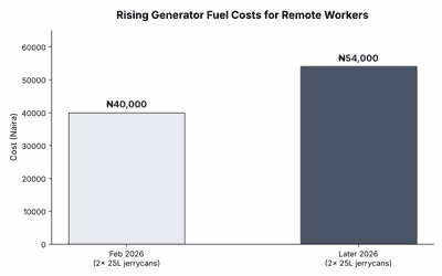 Chart showing the rise in generator fuel costs for remote workers in Nigeria from February 2026 to later 2026