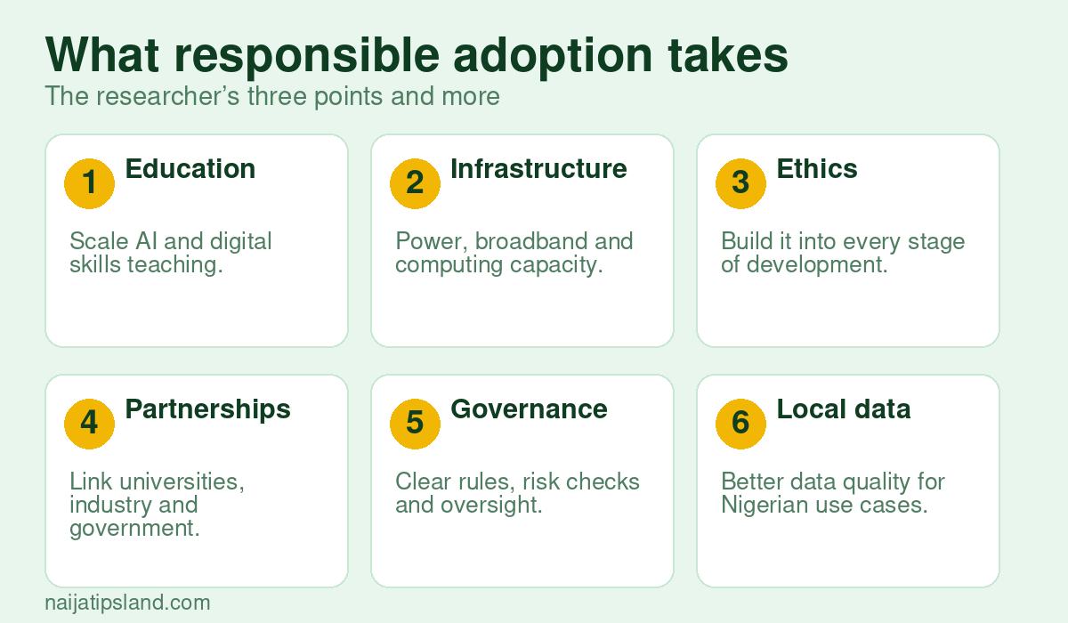 What responsible adoption takes: Education, Infrastructure, Ethics, Partnerships, Governance, Local data