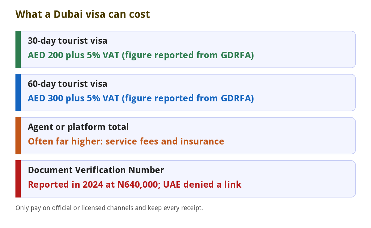Reported Dubai visa fees for Nigerians and what agents may add