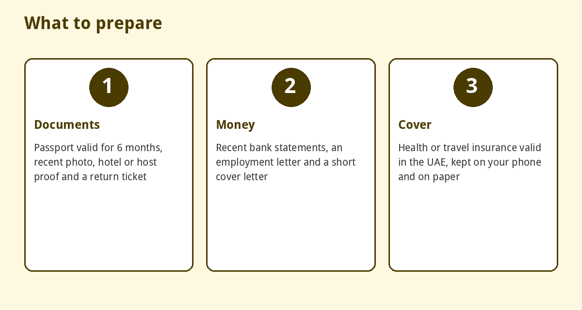 Documents, money proof and insurance to prepare for a Dubai visa