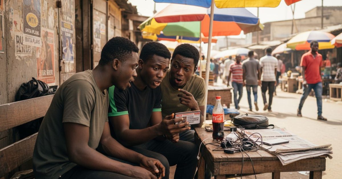 Young Nigerians share news by smartphone in market