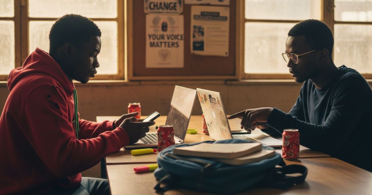 Nigerian students discussing politics online in cafeteria