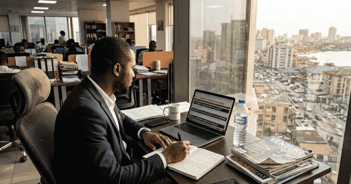 Nigerian professional viewing international headlines in office