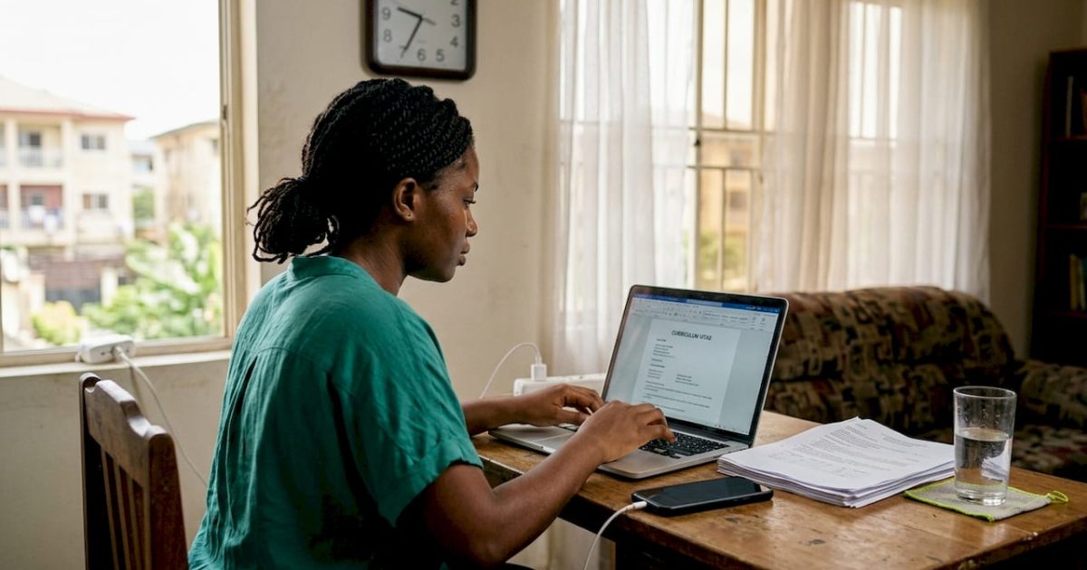 Nigerian woman writing CV in home workspace