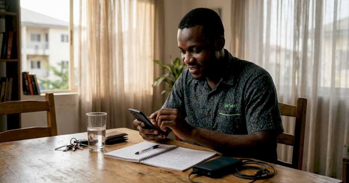 Young Nigerian man checks phone for security
