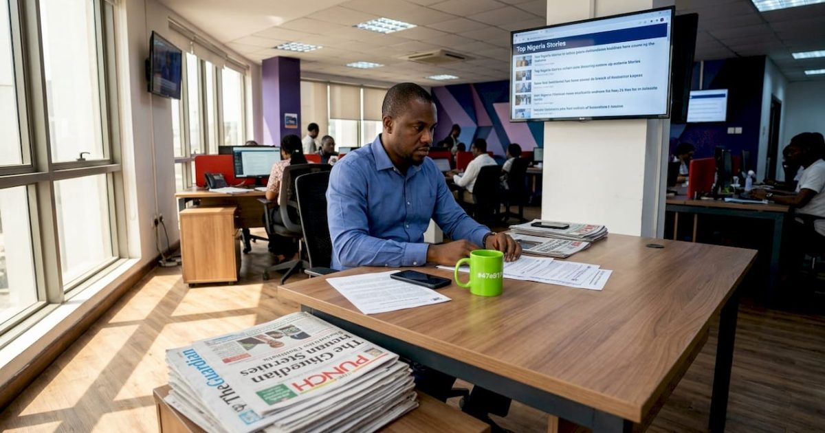 Editor tracking trending Nigeria news in newsroom
