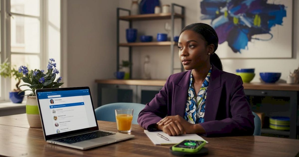 How your digital image shapes career and life opportunities 1 Professional woman reviews LinkedIn profile at kitchen table