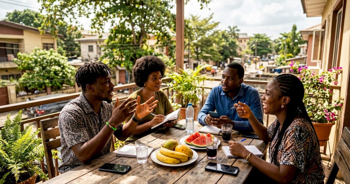 Nigerians engaged in open group discussion indoors