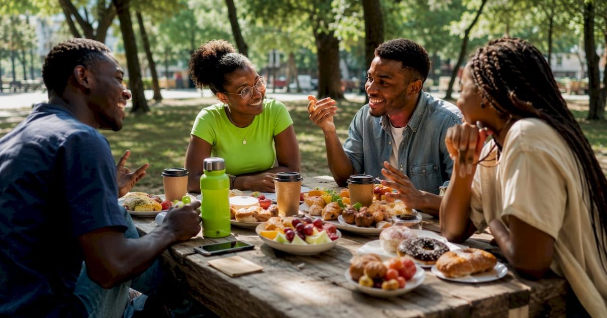 Young diverse group bonding over sports in café