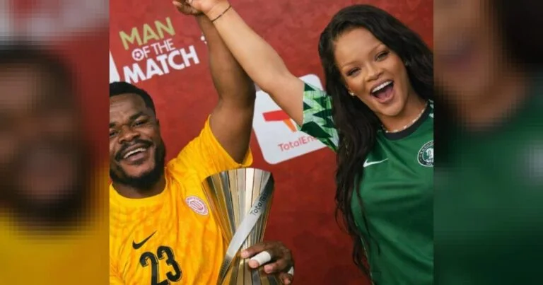 Viral photo of American star Rihanna raising Super Eagles goalkeeper Stanley Nwabali