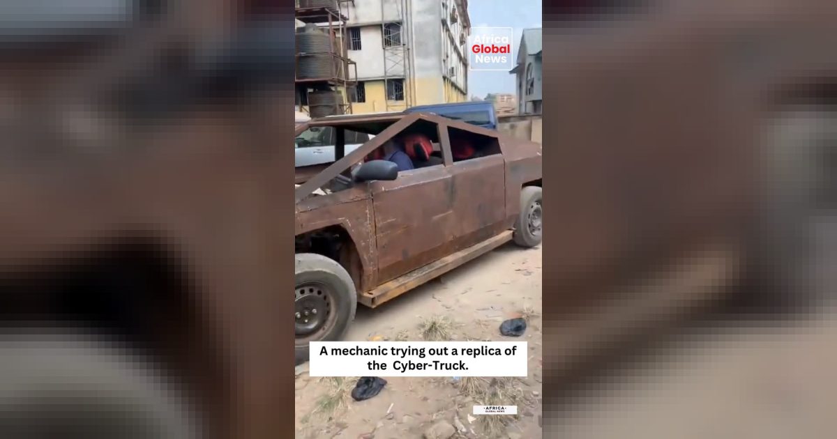 A mechanic takes a replica of the Cybertruck out for a test run, putting hands o
