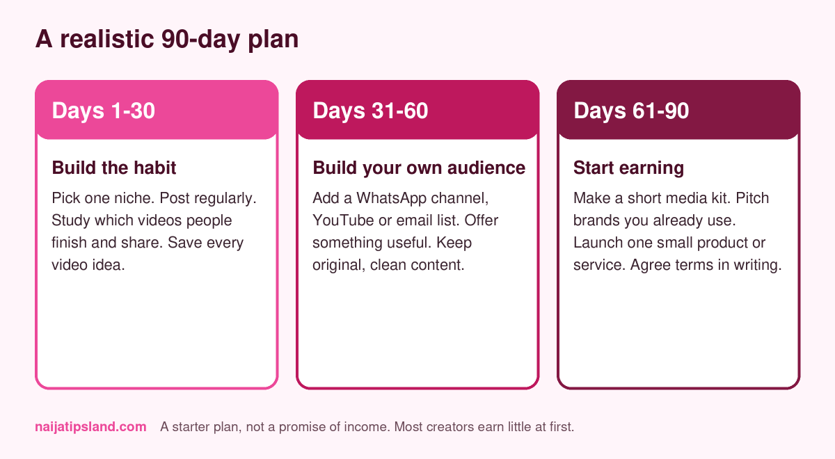 How to Make Money on TikTok in Nigeria (2026): What Pays, What Doesn't and How to Start 4 A realistic 90-day plan for new TikTok creators in Nigeria: build the habit, build your own audience, start earning