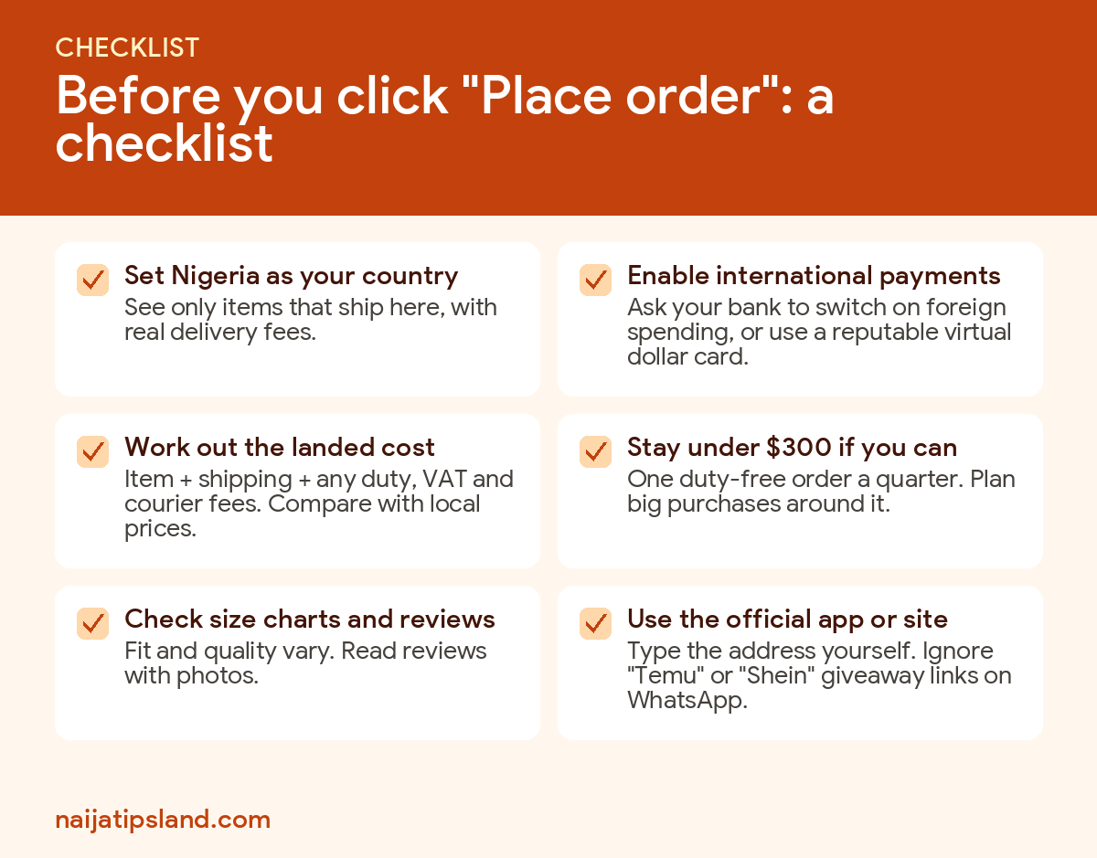 Checklist before ordering from Shein, Temu or Amazon in Nigeria: country setting, international payments, landed cost, $300 limit, reviews, official app