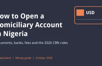 How to open a domiciliary account in Nigeria: USD badge on a dark slate background