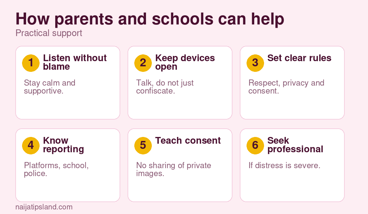 Cyberbullying in Nigeria: A Guide for Young People, Parents and Schools (2026) 4 How parents and schools can help: Listen without blame, Keep devices open, Set clear rules, Know reporting routes, Teach consent, Seek professional help
