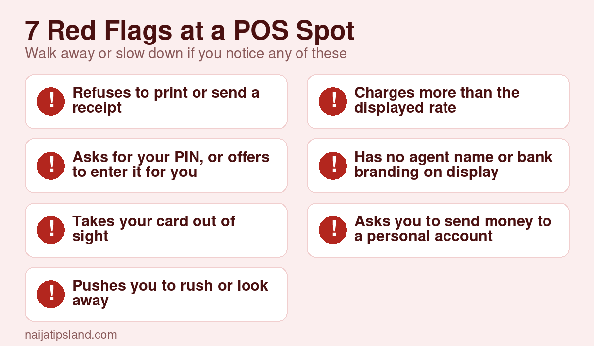 How to Avoid POS Agent Fraud in Nigeria: 2026 Safety Guide 3 Seven red flags at a POS agent in Nigeria such as refusing a receipt, asking for your PIN, taking your card out of sight and asking for payment to a personal account