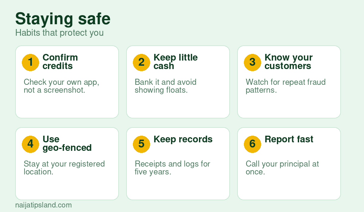 How to Start a POS Business in a Rural Area in Nigeria (2026 Guide) 4 Staying safe: Confirm credits, Keep little cash, Know your customers, Use geo-fenced devices, Keep records, Report fast