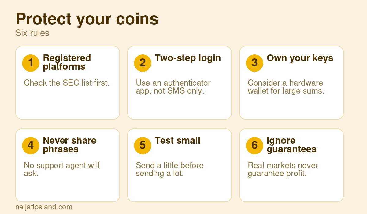 Protect your coins: Registered platforms, Two-step login, Own your keys, Never share phrases, Test small, Ignore guarantees