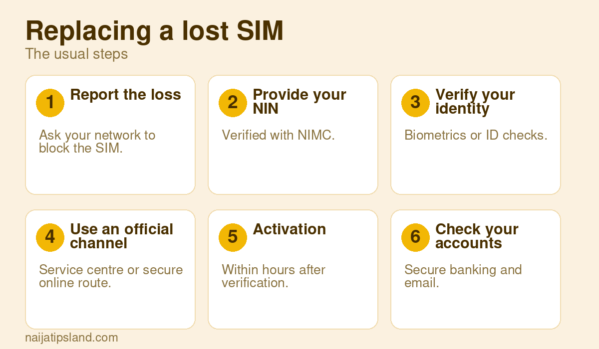 SIM Registration and Replacement in Nigeria: NIN Rules and SIM Swap Safety (2026) 3 Replacing a lost SIM: Report the loss Ask your network to block the SIM., Provide your NIN Verified with NIMC., Verify your identity Biometrics or ID checks., Use an official channel Service centre or secure online route., Activation Within hours after verification., Check your accounts Secure banking and email.