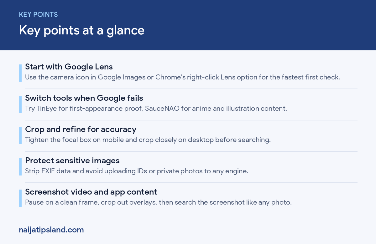 Reverse Image Search Guide: Find Any Photo's Source 2 Reverse Image Search Guide: Find Any Photo's Source: key points at a glance