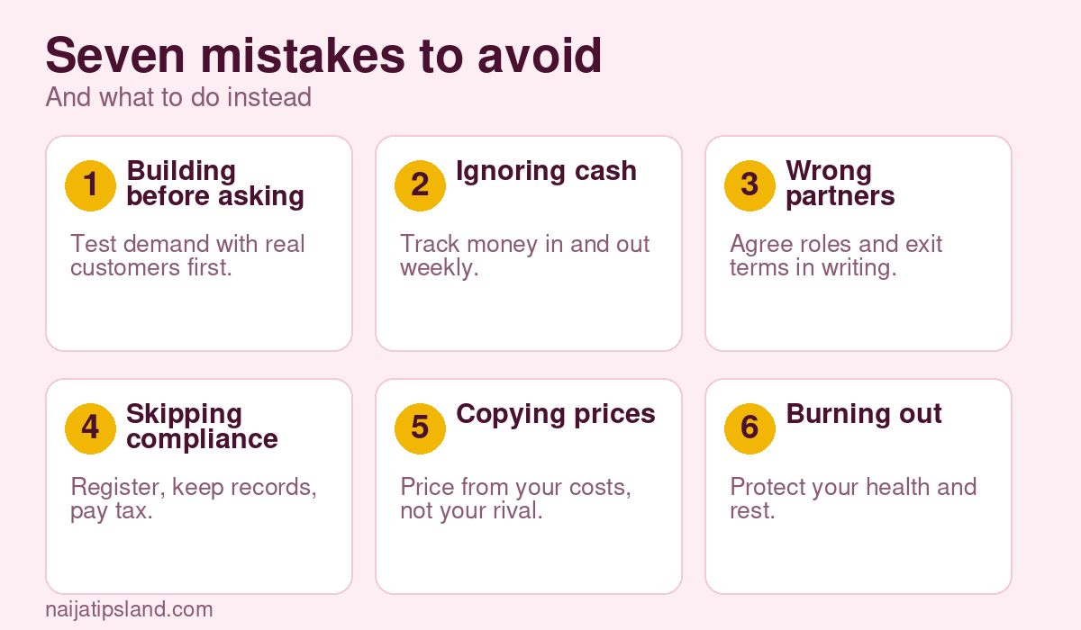 Seven mistakes to avoid: Building before asking Test demand with real customers first., Ignoring cash Track money in and out weekly., Wrong partners Agree roles and exit terms in writing., Skipping compliance Register, keep records, pay tax., Copying prices Price from your costs, not your rival., Burning out Protect your health and rest.