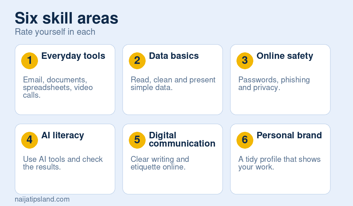 Digital skills checklist for Nigerian professionals 3 Six skill areas: Everyday tools Email, documents, spreadsheets, video calls., Data basics Read, clean and present simple data., Online safety Passwords, phishing and privacy., AI literacy Use AI tools and check the results., Digital communication Clear writing and etiquette online., Personal brand A tidy profile that shows your work.